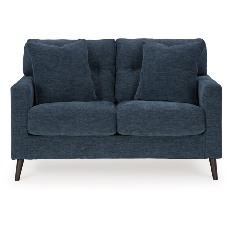 Navy Tufted Fabric Loveseat with Track Arms and Pillow Back
