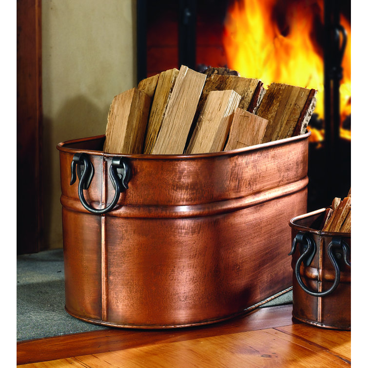 Antique Copper Galvanized Steel Firewood Bucket with Iron Handles