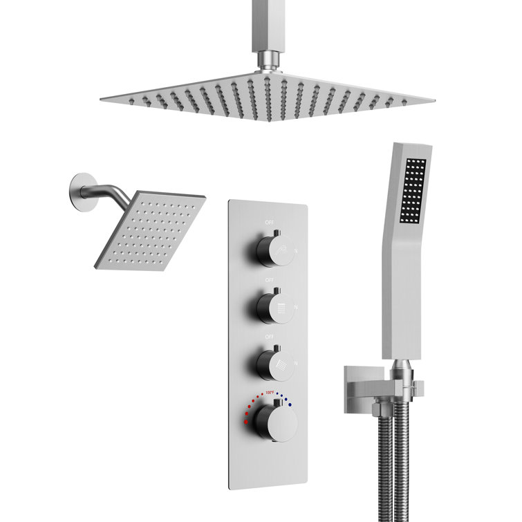 Brushed Nickel Dual Shower Head System with Thermostatic Valve