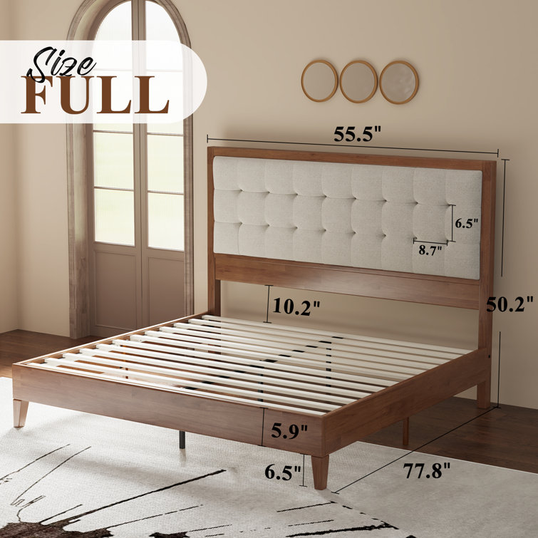 Walnut Full Size Wood Platform Bed with Tufted Linen Headboard