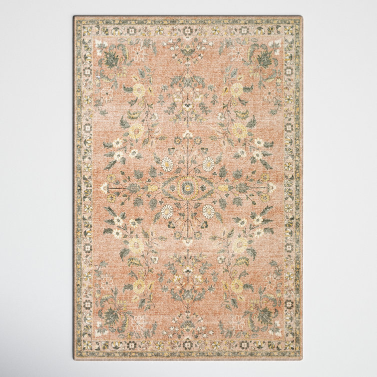 Gray and Pink Oriental Floral Synthetic Area Rug 5' x 7'