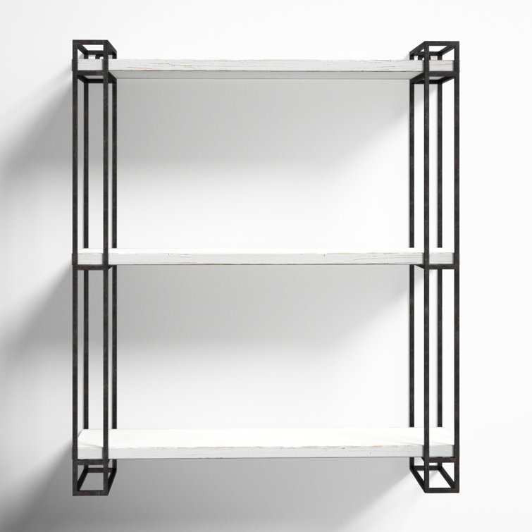 Rustic Coastal Black Metal and Wood Floating Wall Shelf