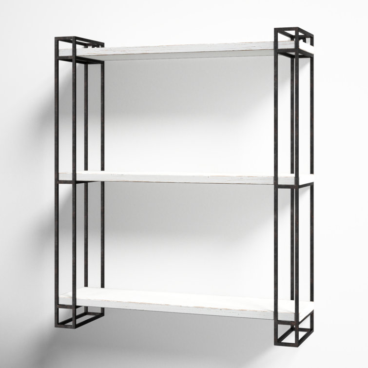 Rustic Coastal Black Metal and Wood Floating Wall Shelf