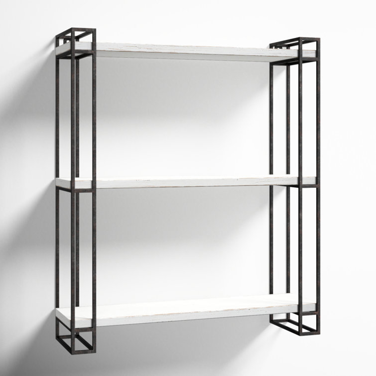 Rustic Coastal Black Metal and Wood Floating Wall Shelf