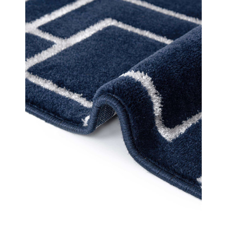 Navy Blue and Silver Geometric Synthetic Rectangular Rug