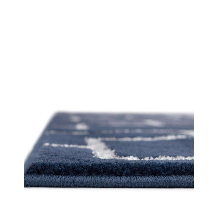 Navy Blue and Silver Geometric Synthetic Rectangular Rug