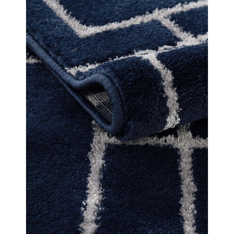 Navy Blue and Silver Geometric Synthetic Rectangular Rug