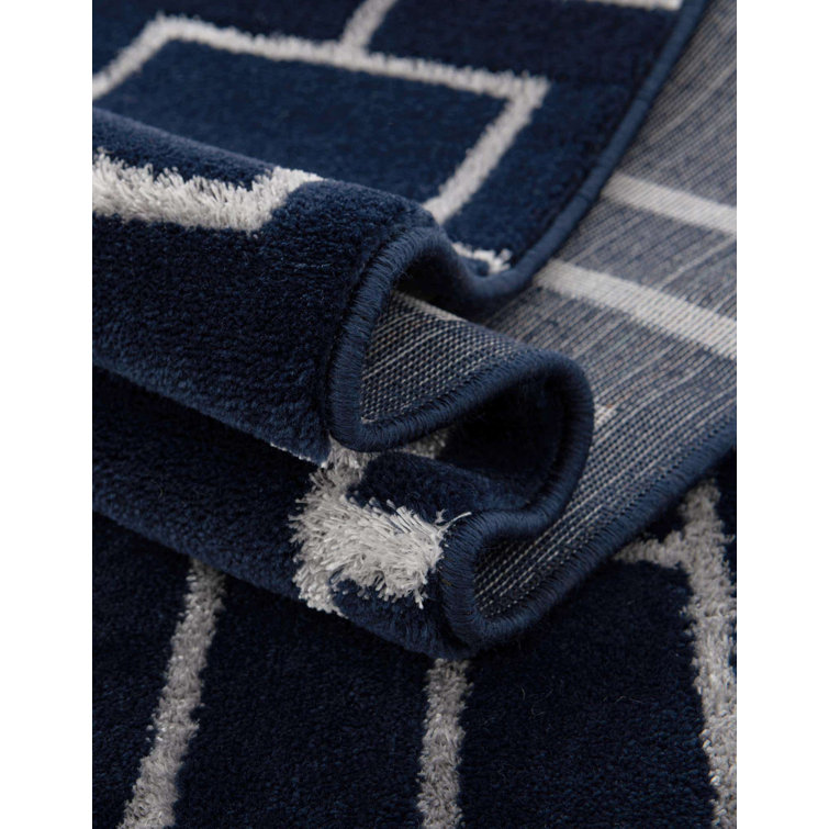 Navy Blue and Silver Geometric Synthetic Rectangular Rug