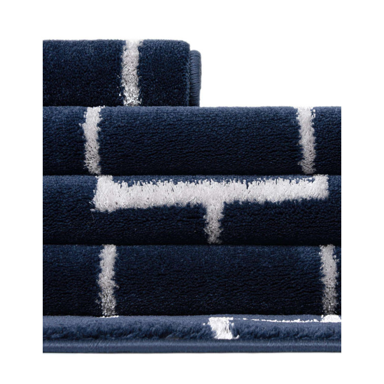 Navy Blue and Silver Geometric Synthetic Rectangular Rug