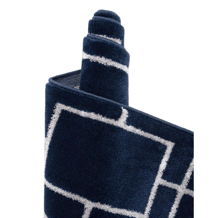 Navy Blue Silver Trellis Synthetic Runner Rug