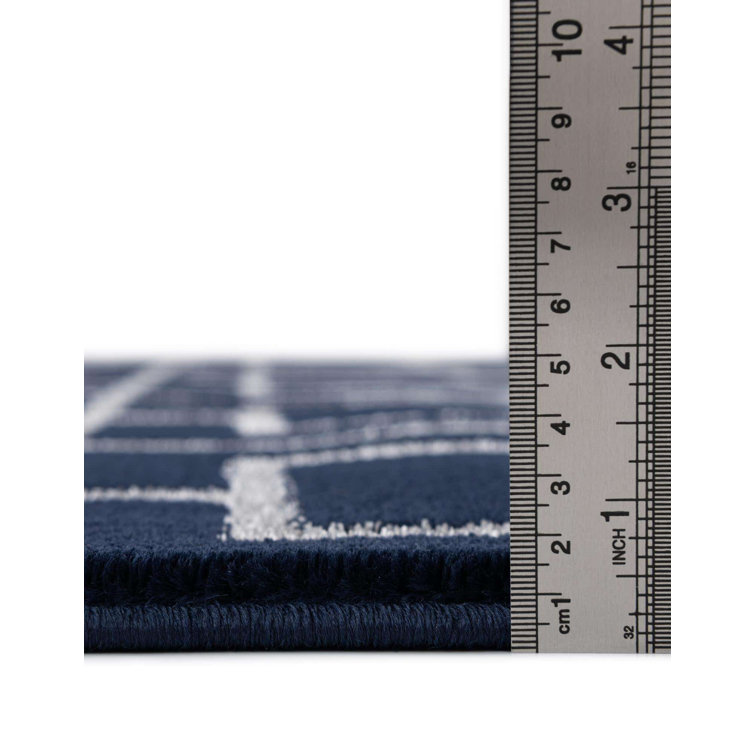 Navy Blue Silver Trellis Synthetic Runner Rug