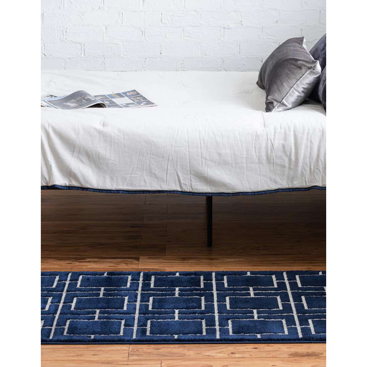 Navy Blue Silver Trellis Synthetic Runner Rug