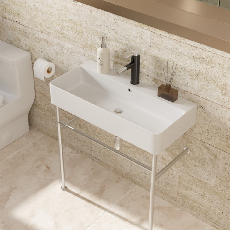 Glossy White Ceramic Rectangular Console Sink with Steel Legs