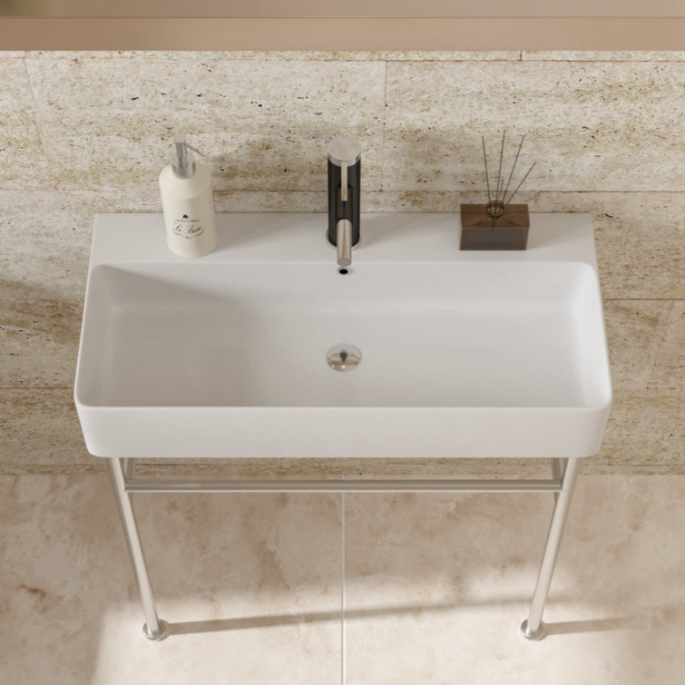 Glossy White Ceramic Rectangular Console Sink with Steel Legs
