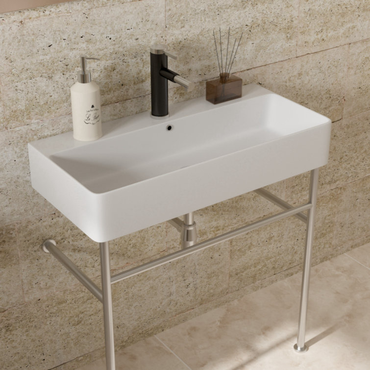 Glossy White Ceramic Rectangular Console Sink with Steel Legs