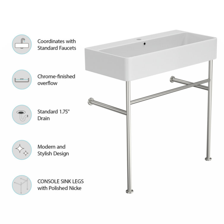 Glossy White Ceramic Rectangular Console Sink with Steel Legs
