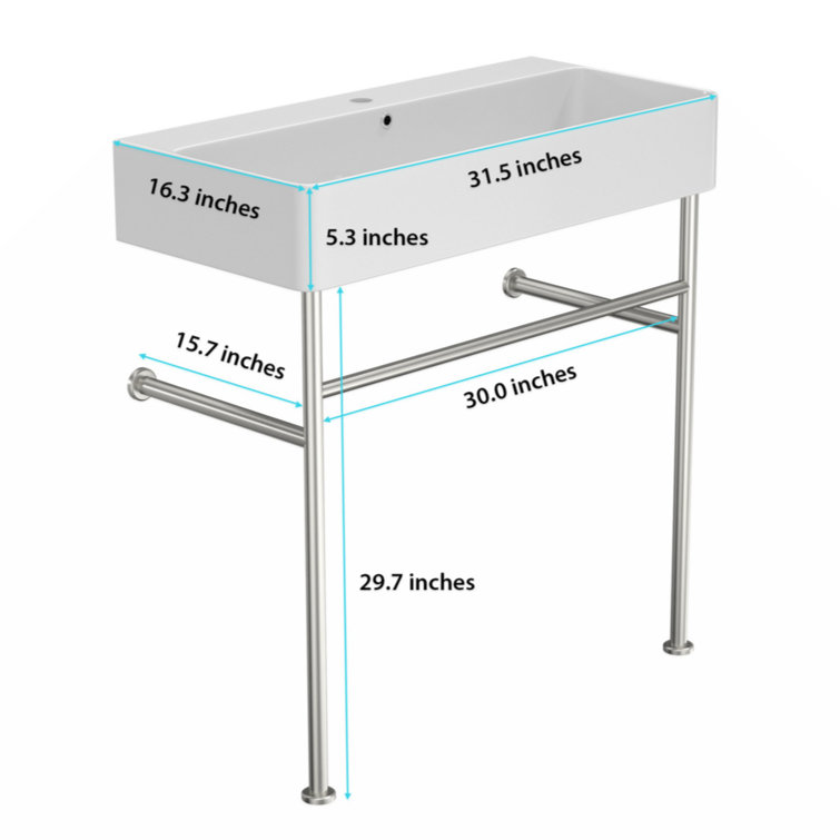 Glossy White Ceramic Rectangular Console Sink with Steel Legs