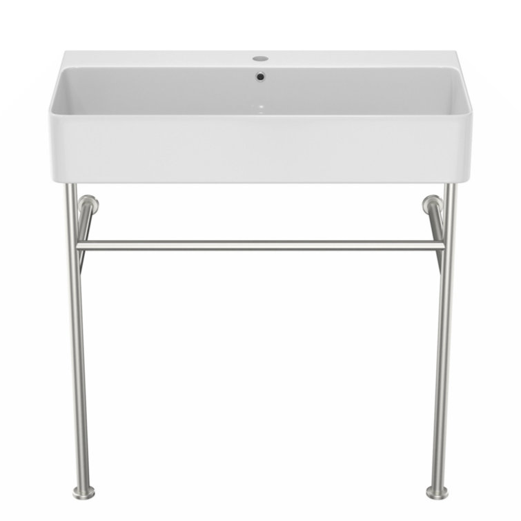 Glossy White Ceramic Rectangular Console Sink with Steel Legs