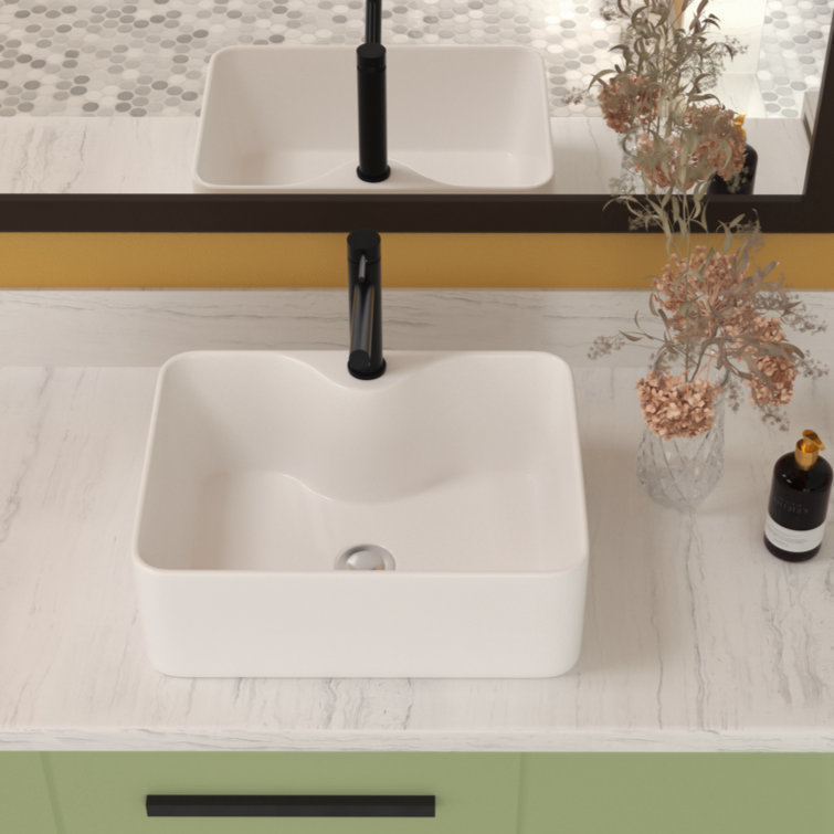 White Ceramic Rectangular Vessel Bathroom Sink, 16"x12"
