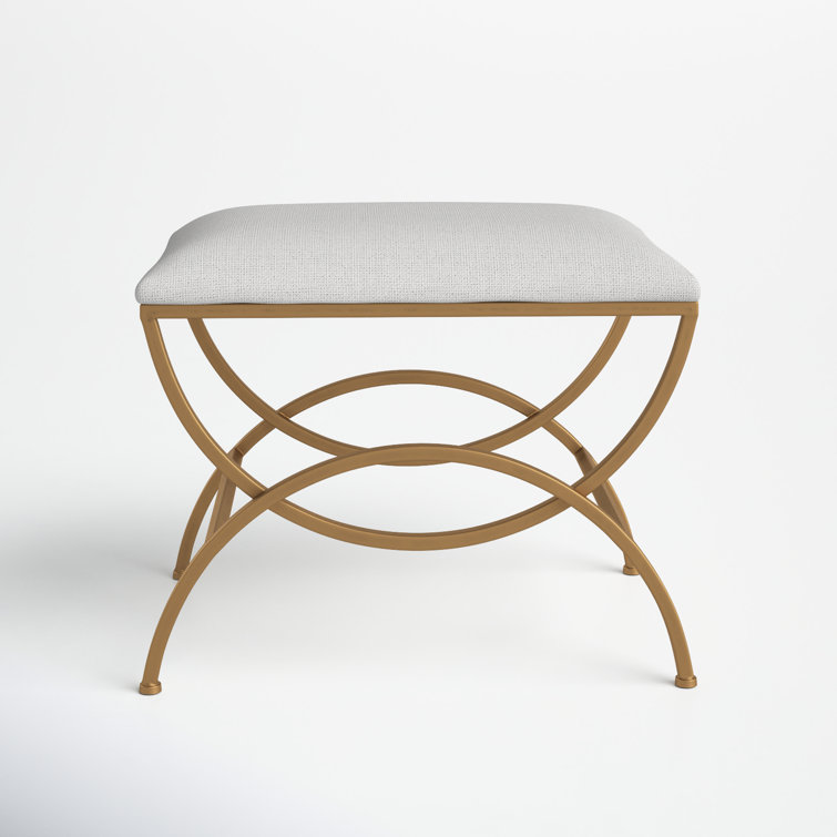 Off-White Upholstered Iron Accent Stool with Brass Finish