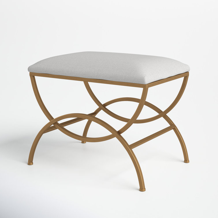 Off-White Upholstered Iron Accent Stool with Brass Finish