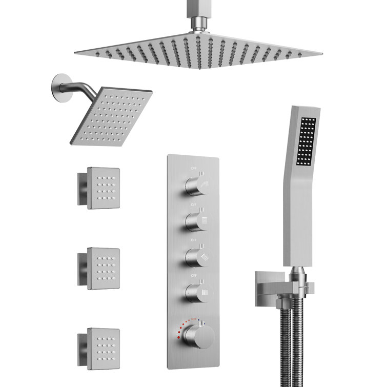 16" Brushed Nickel Dual Shower Head System with Thermostatic Valve