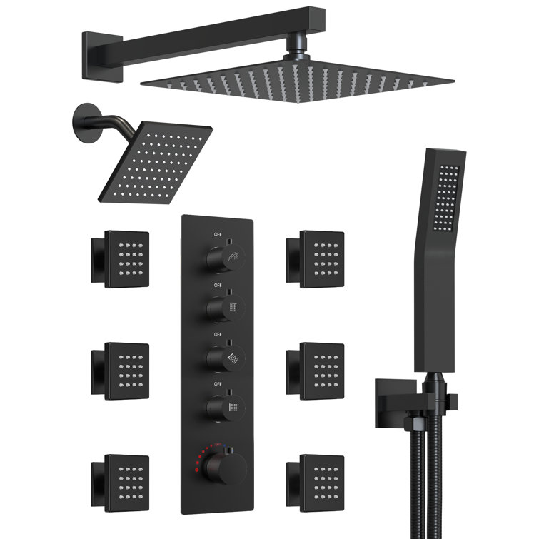 Matte Black Dual Shower Head System with Thermostatic Valve and Body Jets