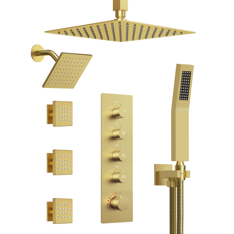 16" Brushed Gold Multi-Head Rainfall Shower System with Handheld