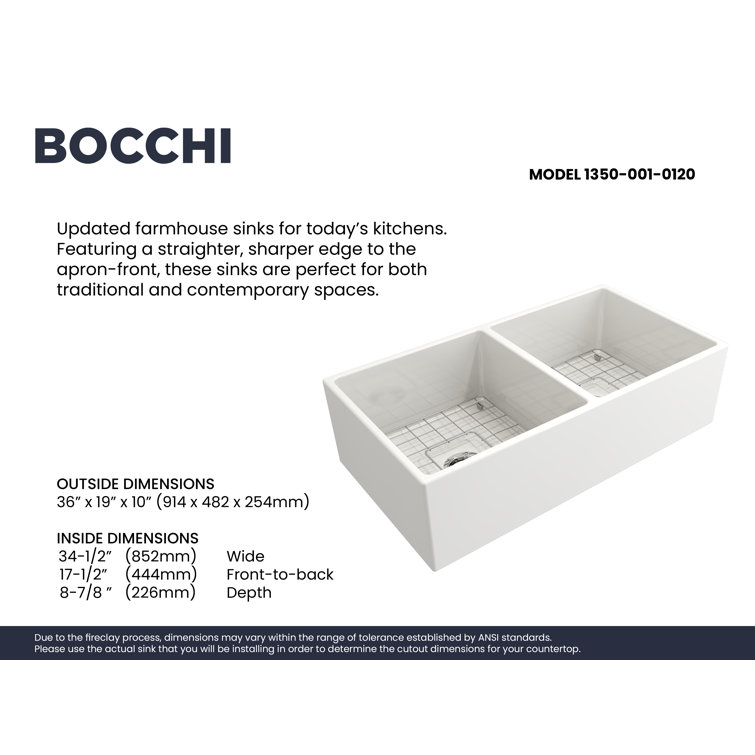 36'' White Fireclay Double Bowl Farmhouse Sink