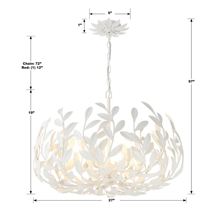 Matte White Steel Globe Chandelier with Leaf Design
