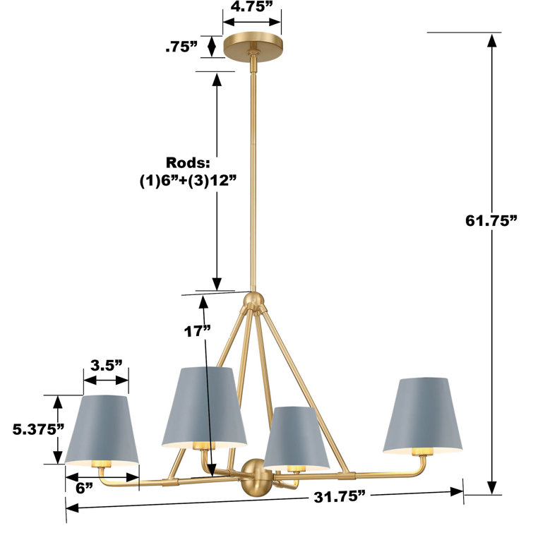 Gold and Black Metal 4-Light Dimmable Chandelier