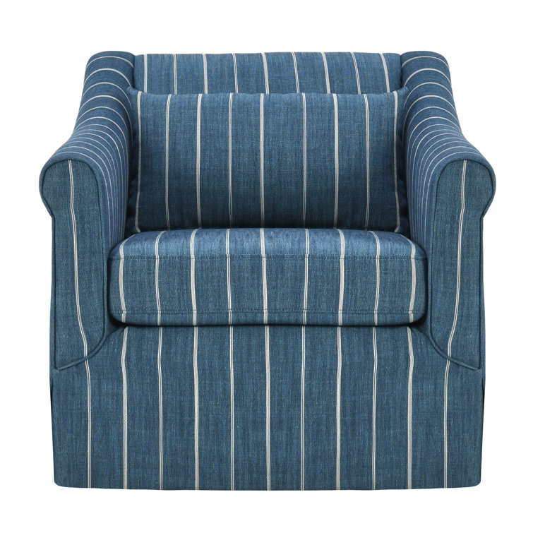 Blue Striped Linen Swivel Accent Chair with Rolled Arms