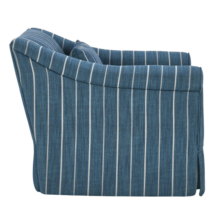 Blue Striped Linen Swivel Accent Chair with Rolled Arms
