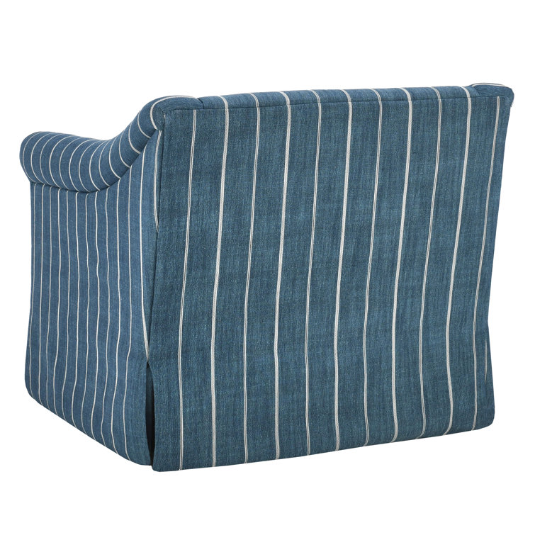 Blue Striped Linen Swivel Accent Chair with Rolled Arms