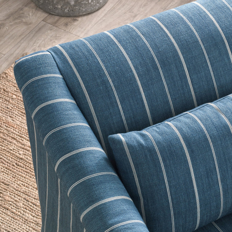 Blue Striped Linen Swivel Accent Chair with Rolled Arms