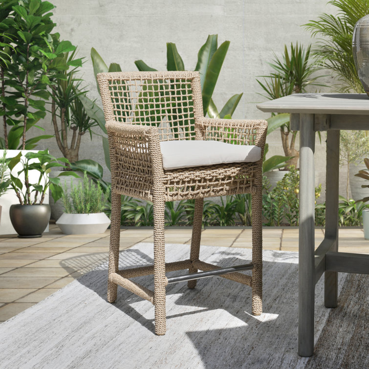 Brisbane Coastal Brown Wicker and Metal Counter Stool with Cushion