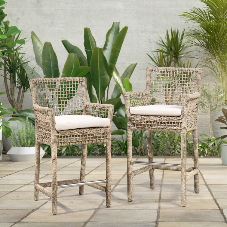 Brisbane Coastal Brown Wicker and Metal Counter Stool with Cushion