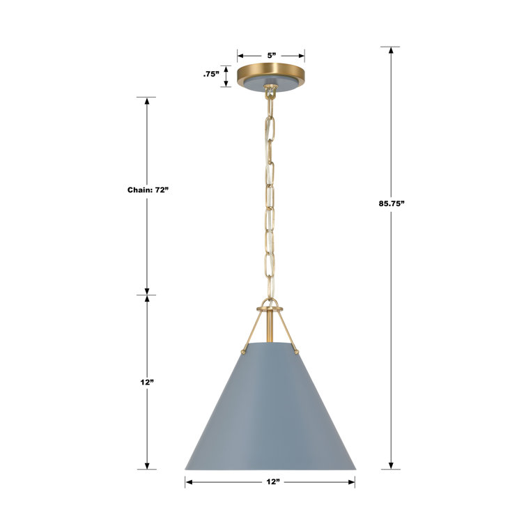 Gold and Blue Steel Cone Pendant Light, 12"