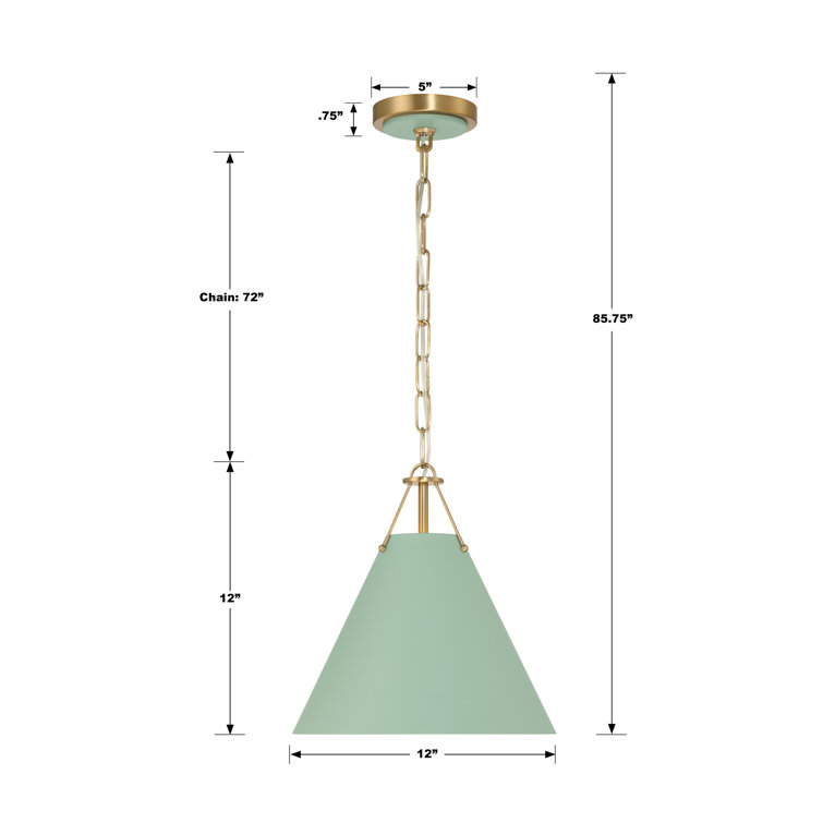 Green and Gold Steel Cone Pendant Light, 12"