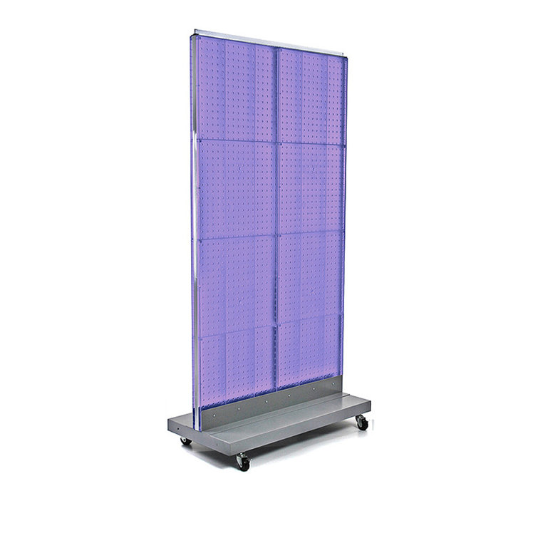Purple Two-Sided Pegboard Floor Display with Silver Metal Base