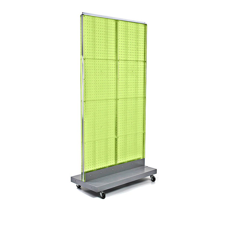 Green and Silver Double-Sided Pegboard Floor Display with Wheels