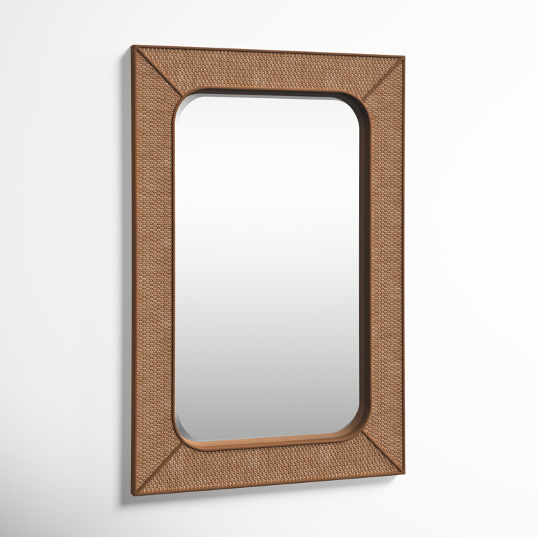 Brown Wood and Rattan Beveled Wall Mirror