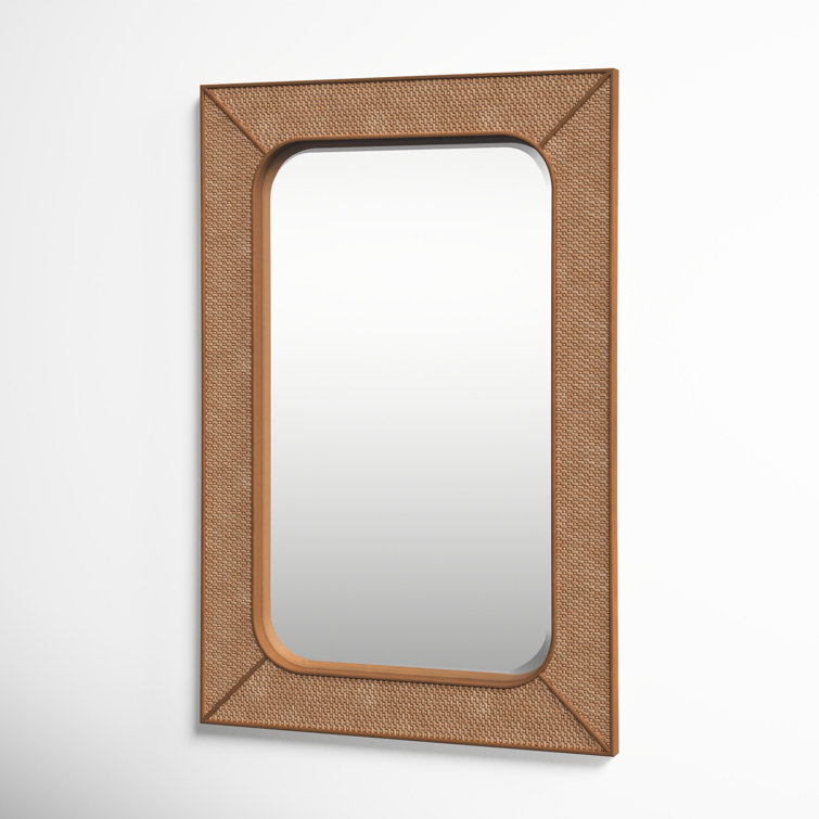 Brown Wood and Rattan Beveled Wall Mirror