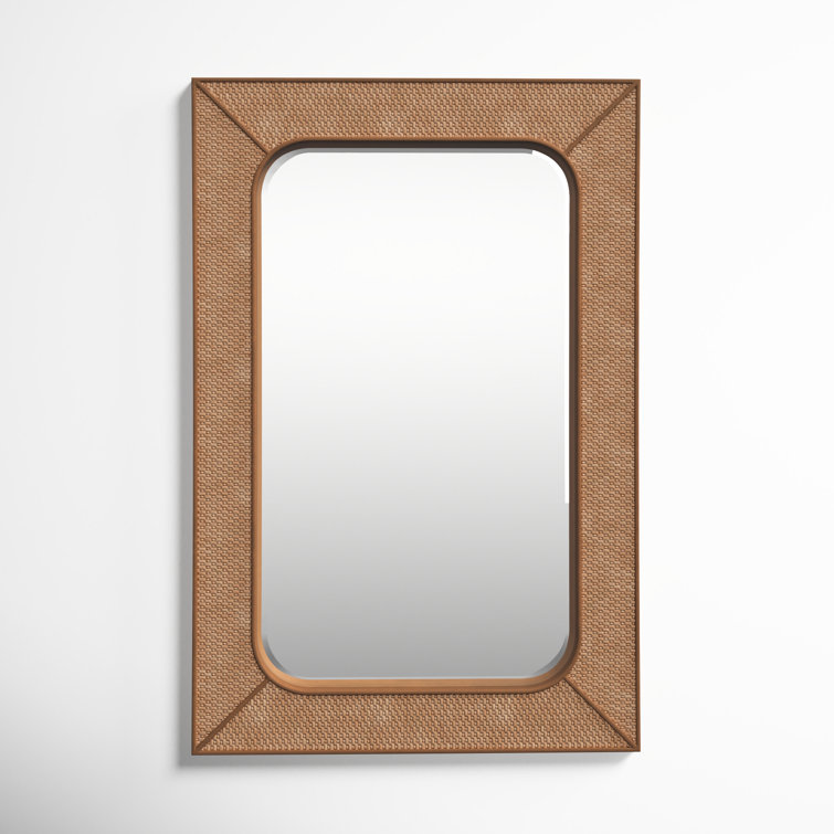 Brown Wood and Rattan Beveled Wall Mirror