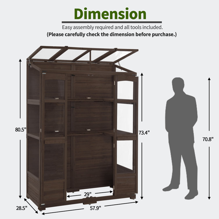 57.9" Brown Fir Wood Walk-In Greenhouse with Openable Roof