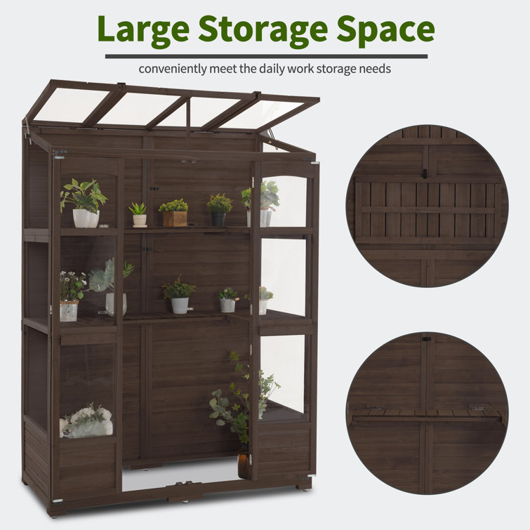 57.9" Brown Fir Wood Walk-In Greenhouse with Openable Roof