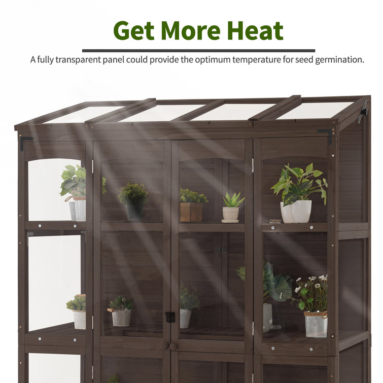 57.9" Brown Fir Wood Walk-In Greenhouse with Openable Roof