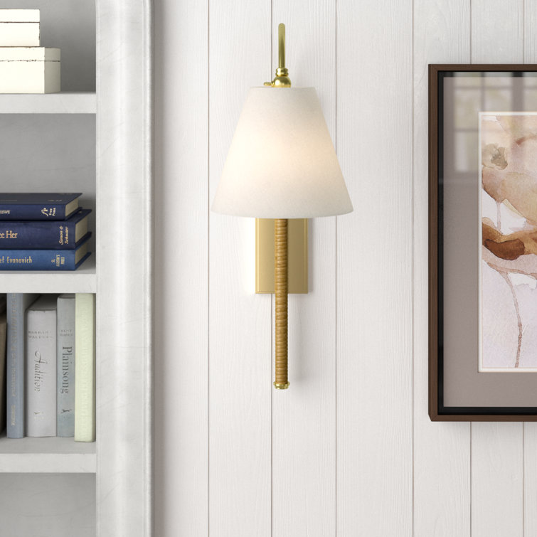 Avron Aged Brass Dimmable Plug-In Sconce with Linen Shade