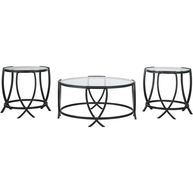 ArcX Contemporary Black Round Coffee Table Set with Tempered Glass