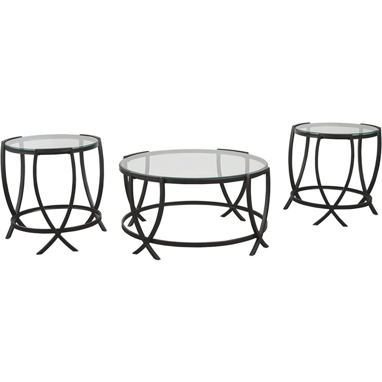 ArcX Contemporary Black Round Coffee Table Set with Tempered Glass